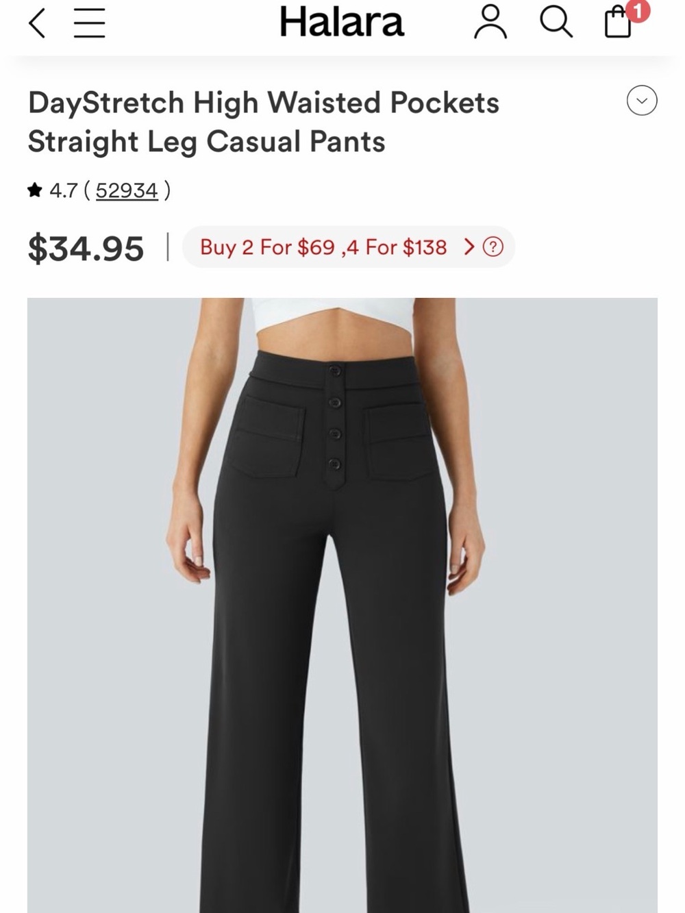 NWT HALARA DayStretch Black High-Waist Faux Button Front Patch Pocket Pants